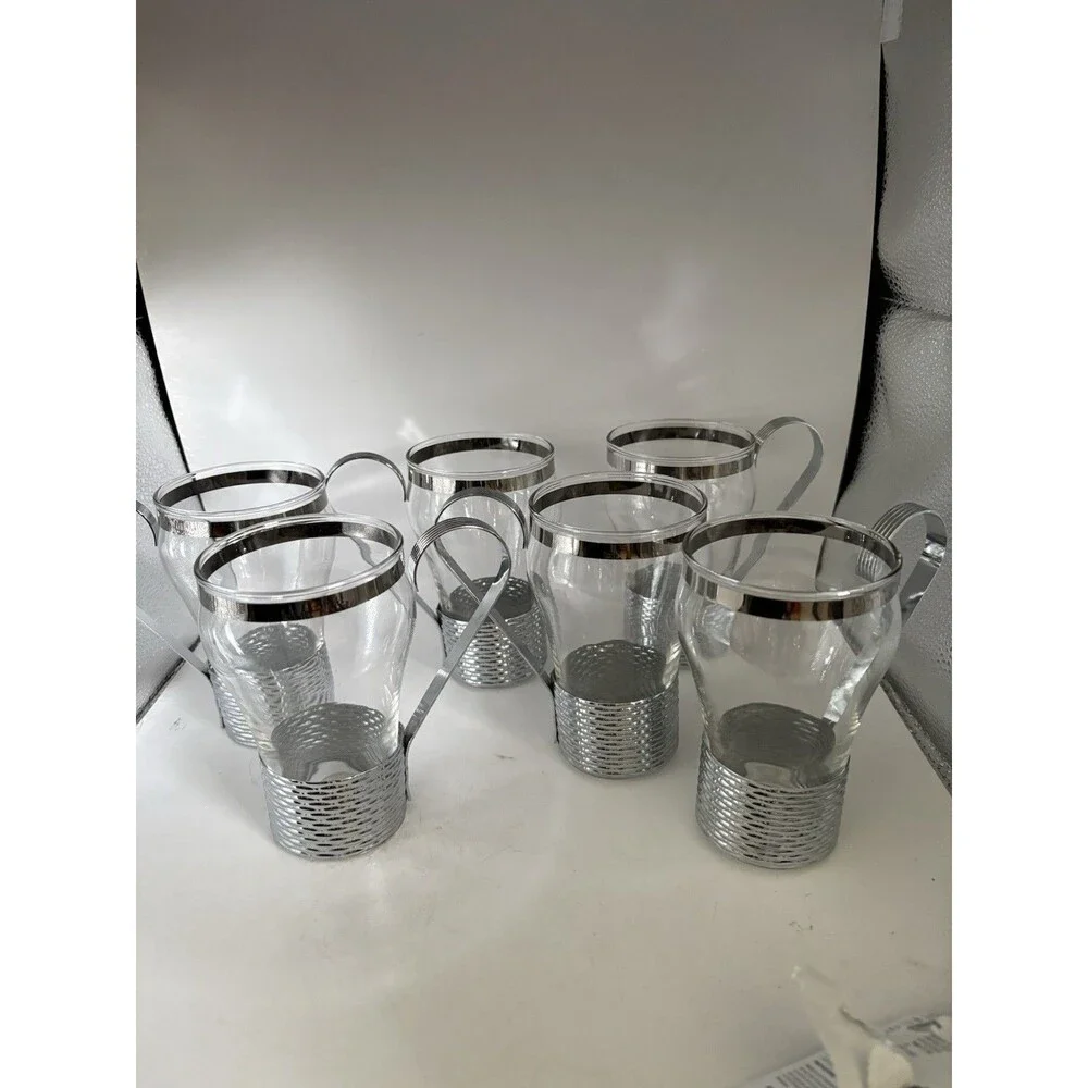 Vintage Mid Century Federal Glass Soda Fountain Glasses Metal Holders And Handle